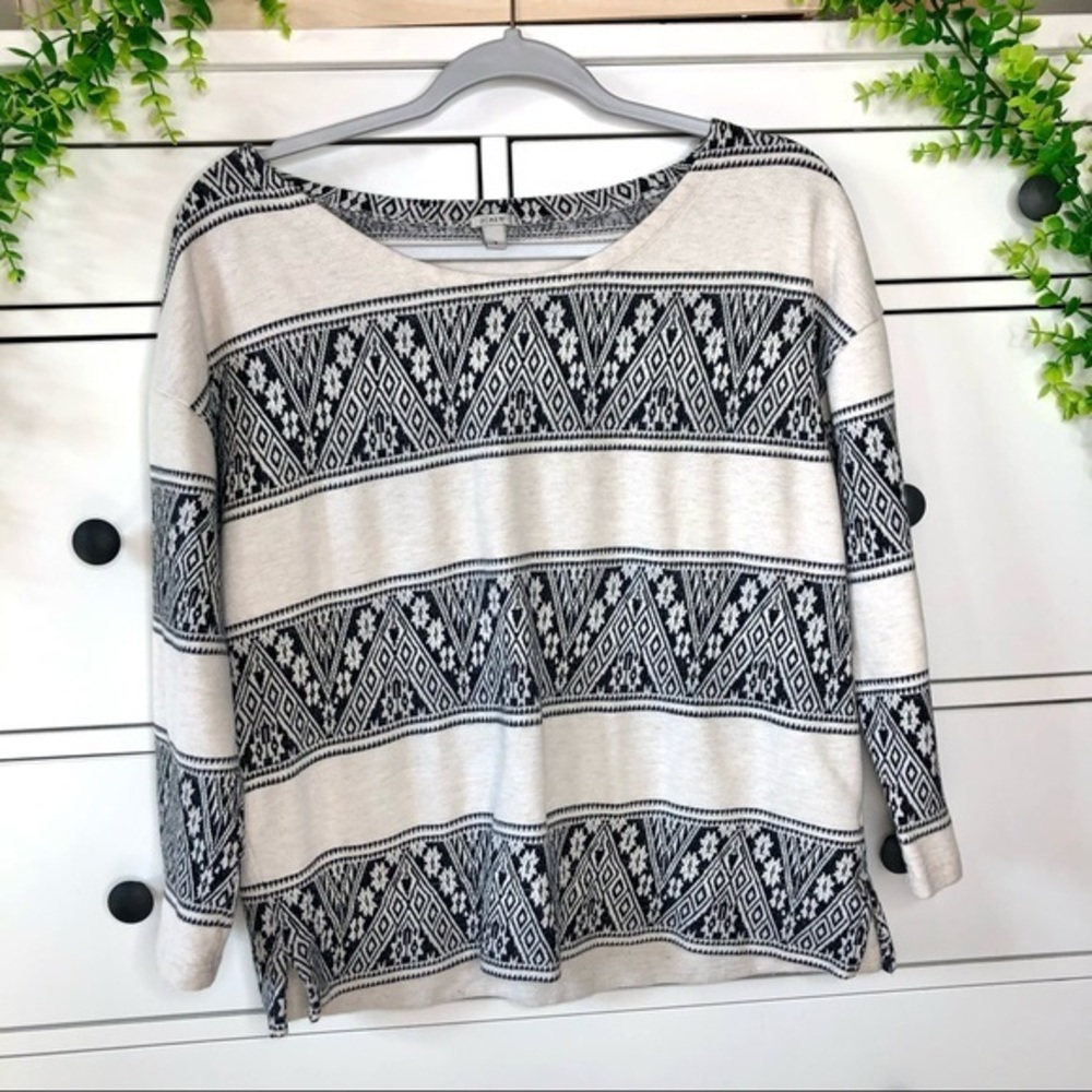 J.Crew Cream & Black Intricate Striped Pullover Scoop Crewneck Sweater Top